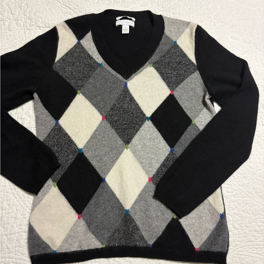 Charter club women’s Argyle V-Neck Cashmere Sweater - Black and Gray, size S